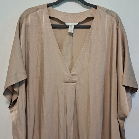H&M Satin Kaftan Dress Beige V-Neck Midi Drapey Slouchy Oversized Boho Sz XXL - Picture 4 of 11